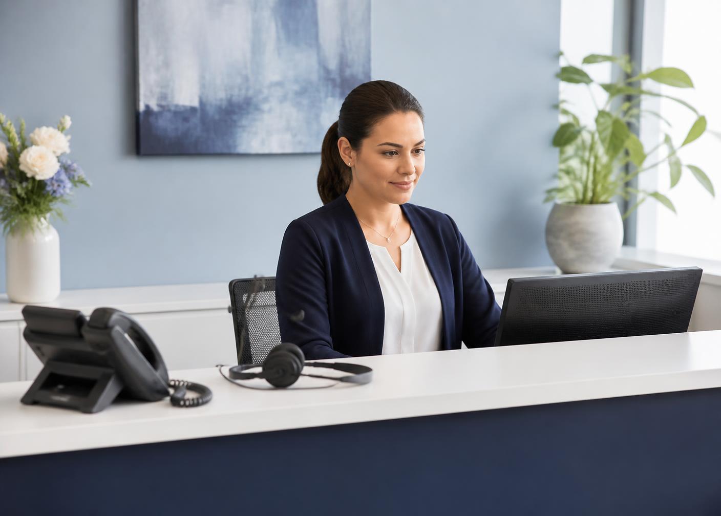 Professional reception desk with a telephone and headset in a calm office