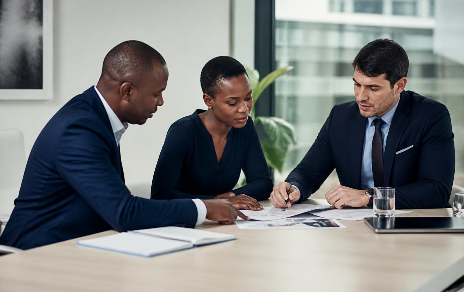 Besona consultants reviewing business strategy documents with a client in a Johannesburg office