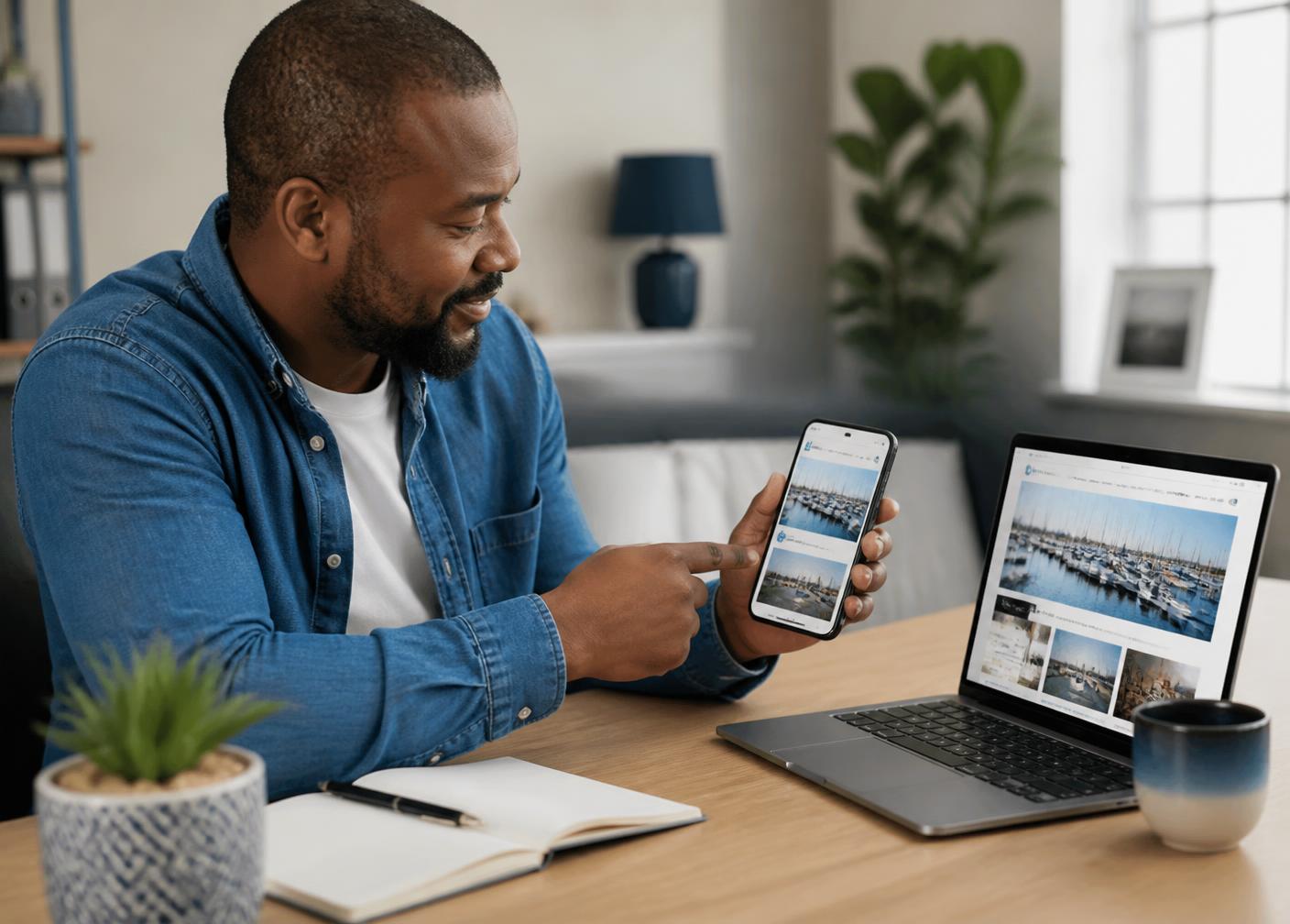 Business owner comparing a website on a laptop and a mobile phone